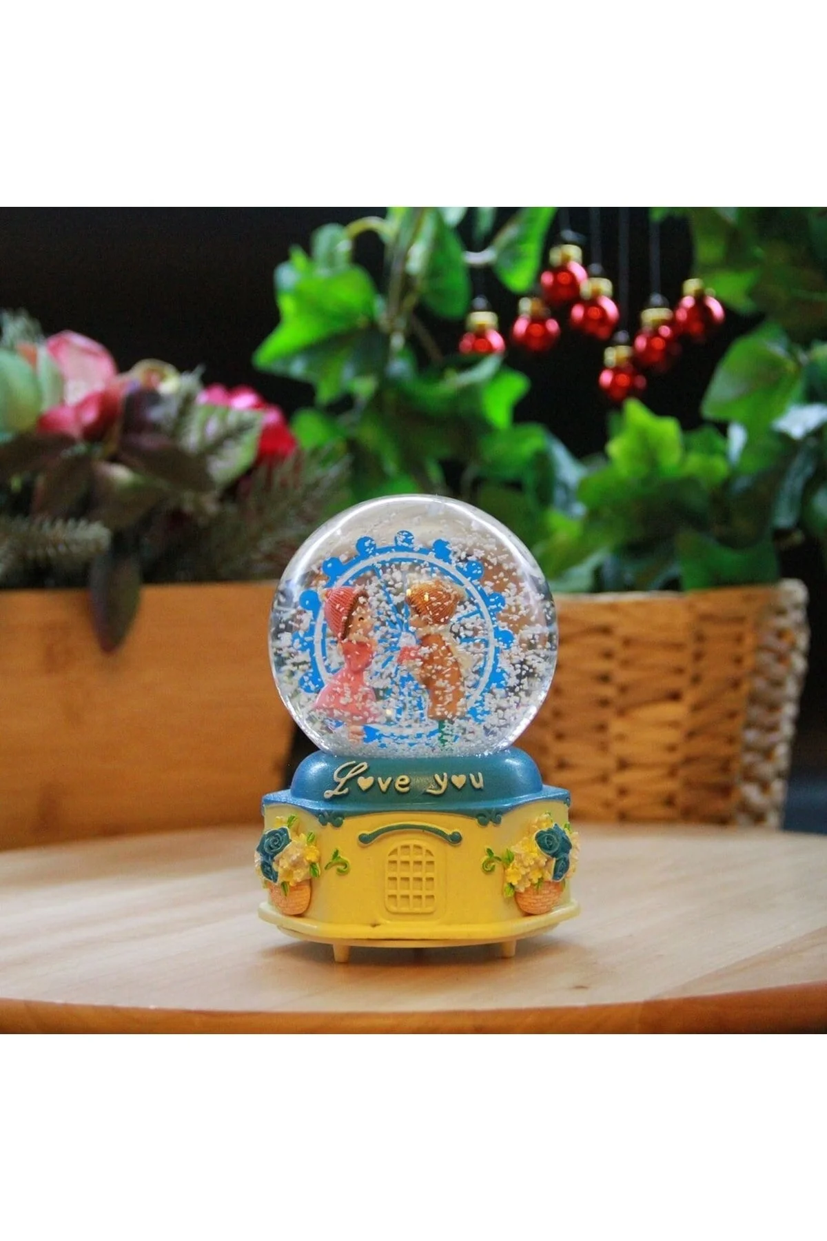 گوی برفی پارک تفریحی LOVE YOU LIGHTED و SNOW GLOBE موزیکال آبی سایز متوسط از ترکیه HEDİYEBİZİZ