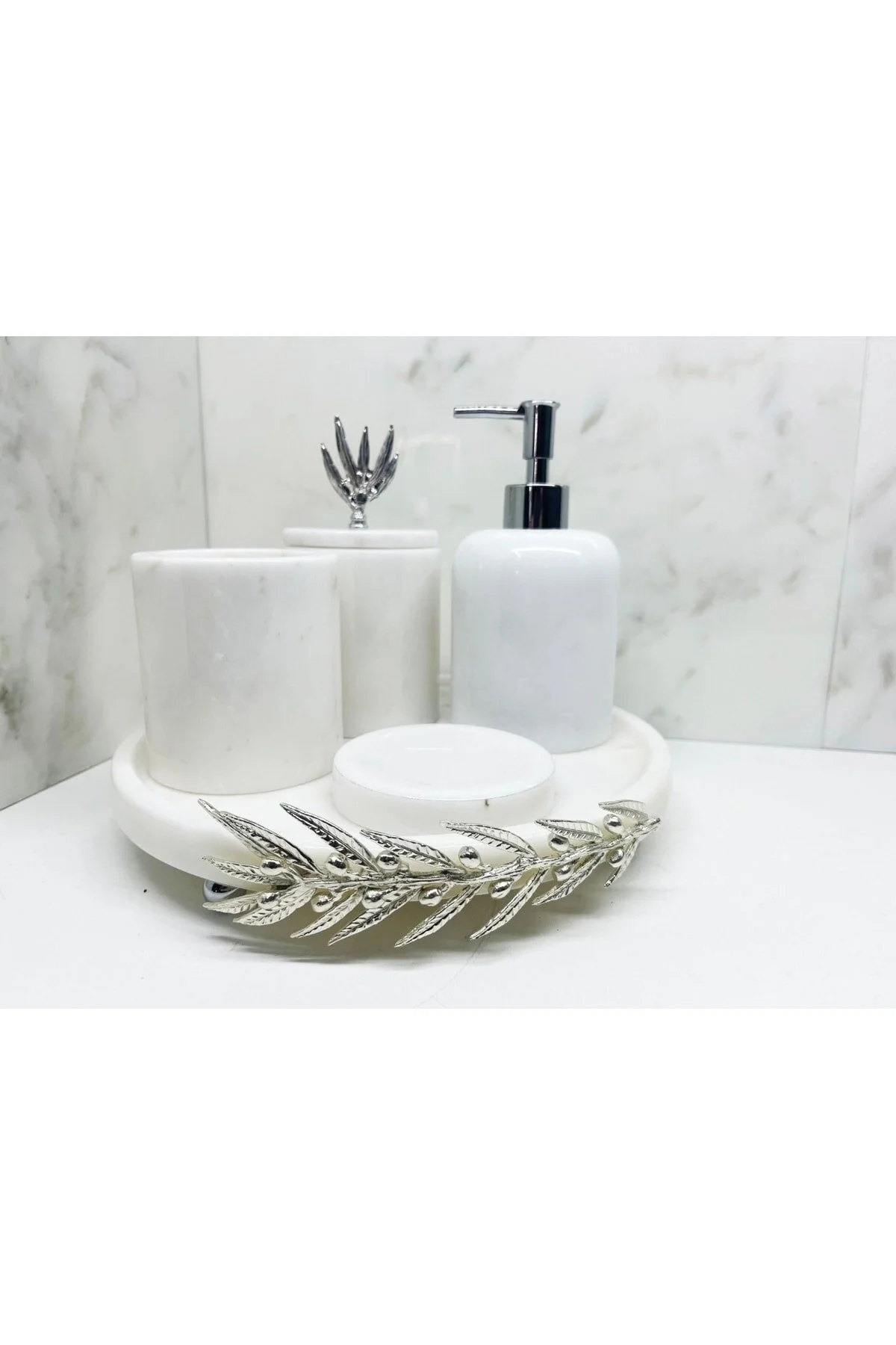 ست حمام سفید سرویس روشویی دستشویی شاخه زیتون مرمر تزئینی 5 مجموعه لی MIARIK DESIGN &amp; DEKORASYON MIARIK DESIGN &amp; DEKORASYON
