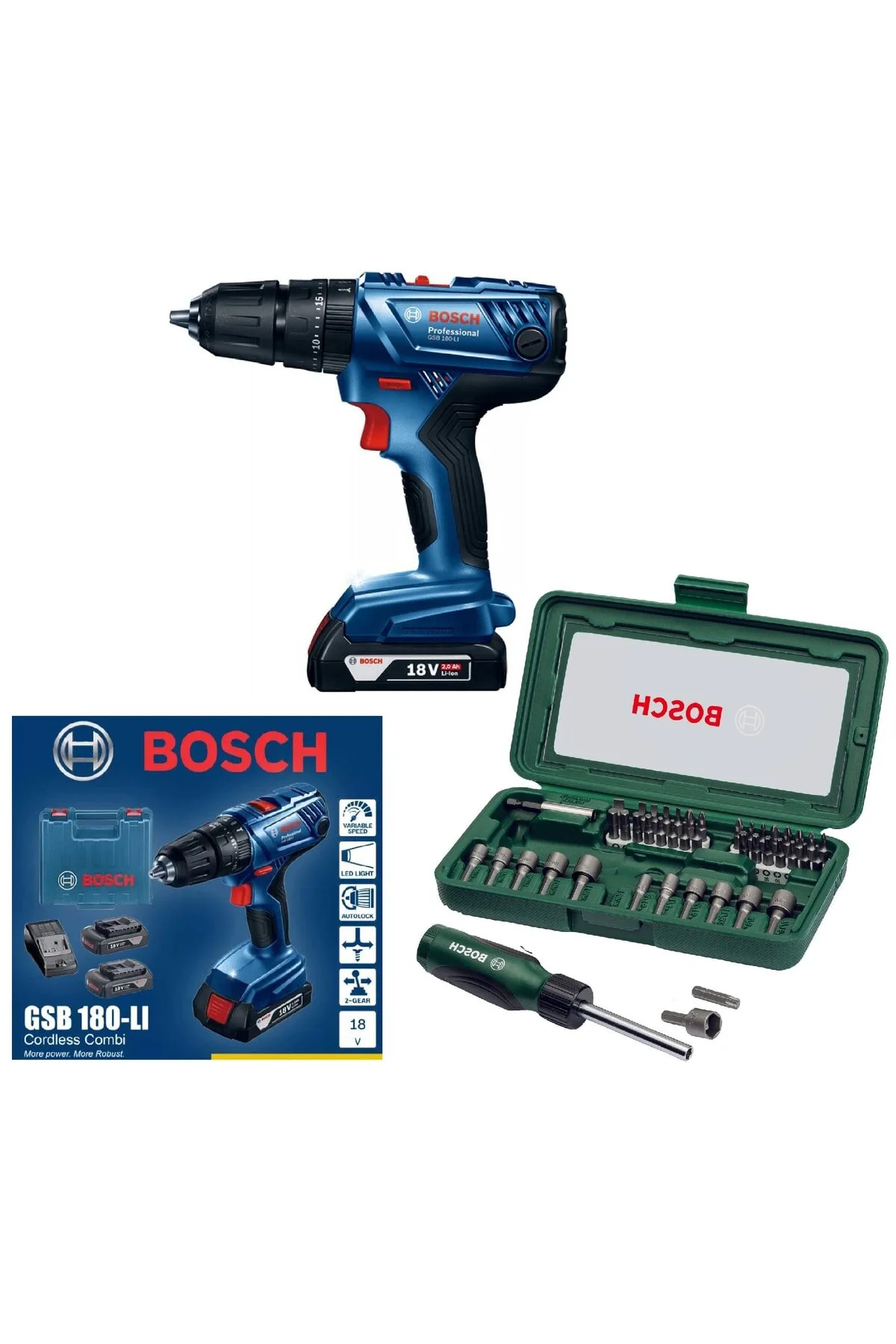 دریل شارژی پیچ گوشتی ضربه ای GSB 180 LI 18V 2AH + مجموعه بیت 46 تکه بوش Bosch