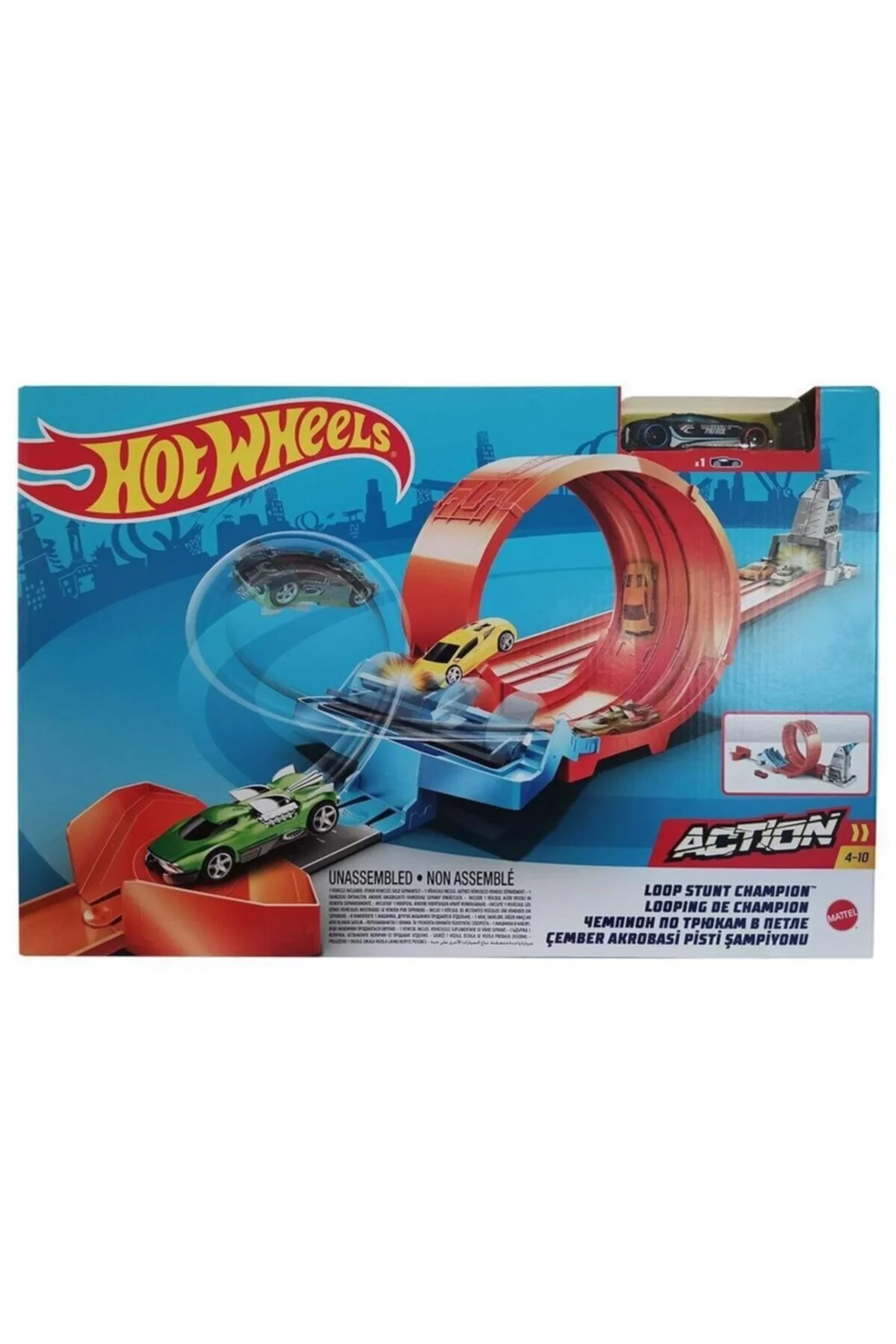 ماشین اسباب بازی سفید قهرمانی مسیر آکروباتیک دایره Gbf81 Gtv13 HOT WHEELS