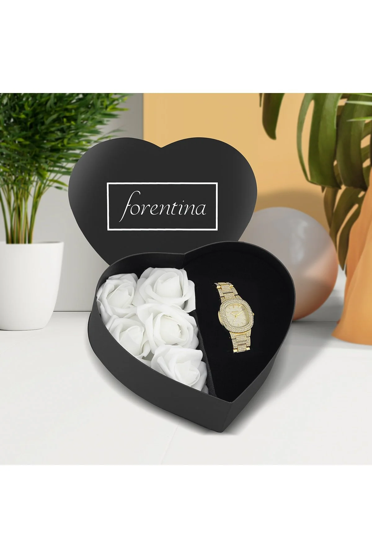 هدیه مفهومی زرد ساعت مچی سنگی فلزی جعبه گل رز Forentina