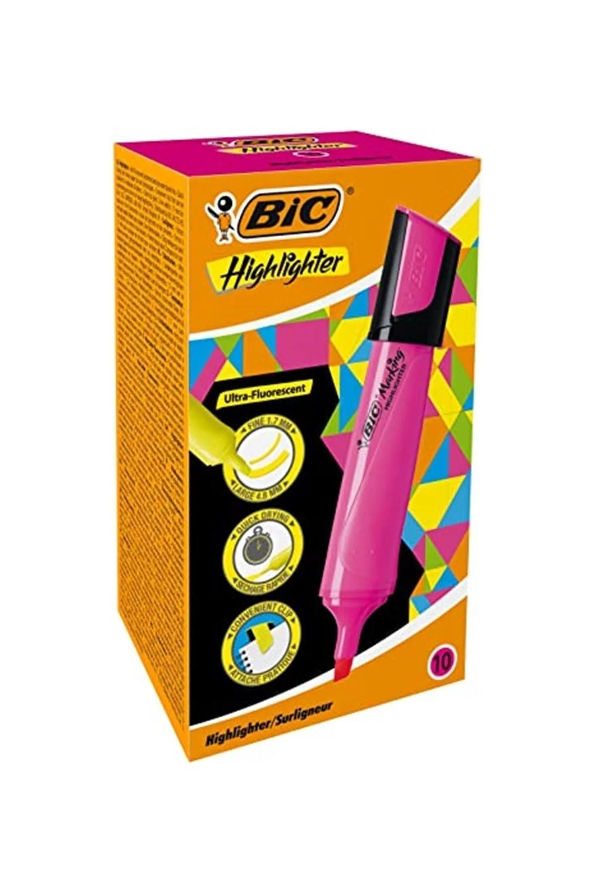 ماژیک هایلایت چند رنگ علامت گذاری قلم مسطح 10 صورتی بیک Bic