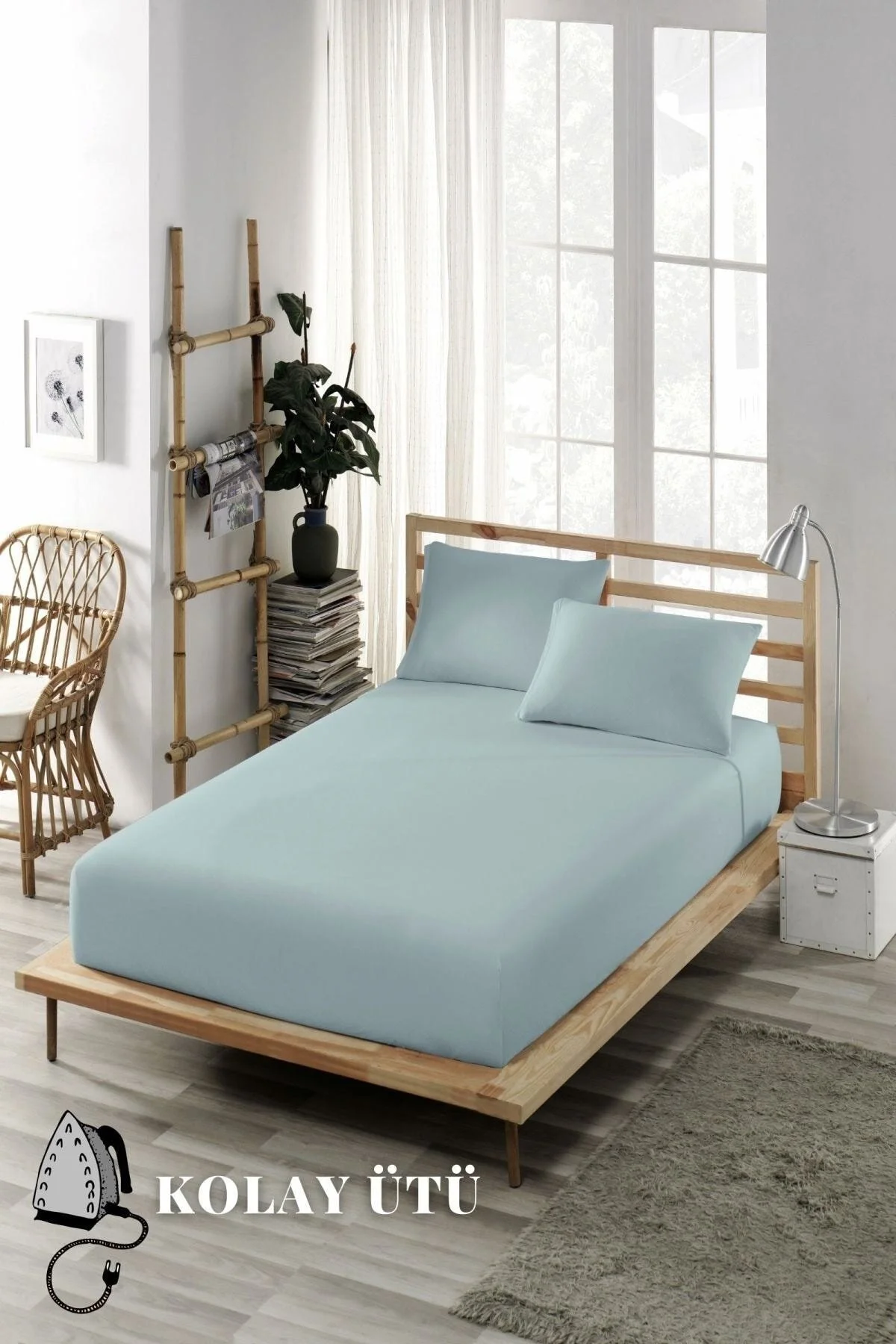 ست ملحفه دو نفره 200X200 اتو آسان با تختخوابهای بلند کتانی آبی ELY PARKER
