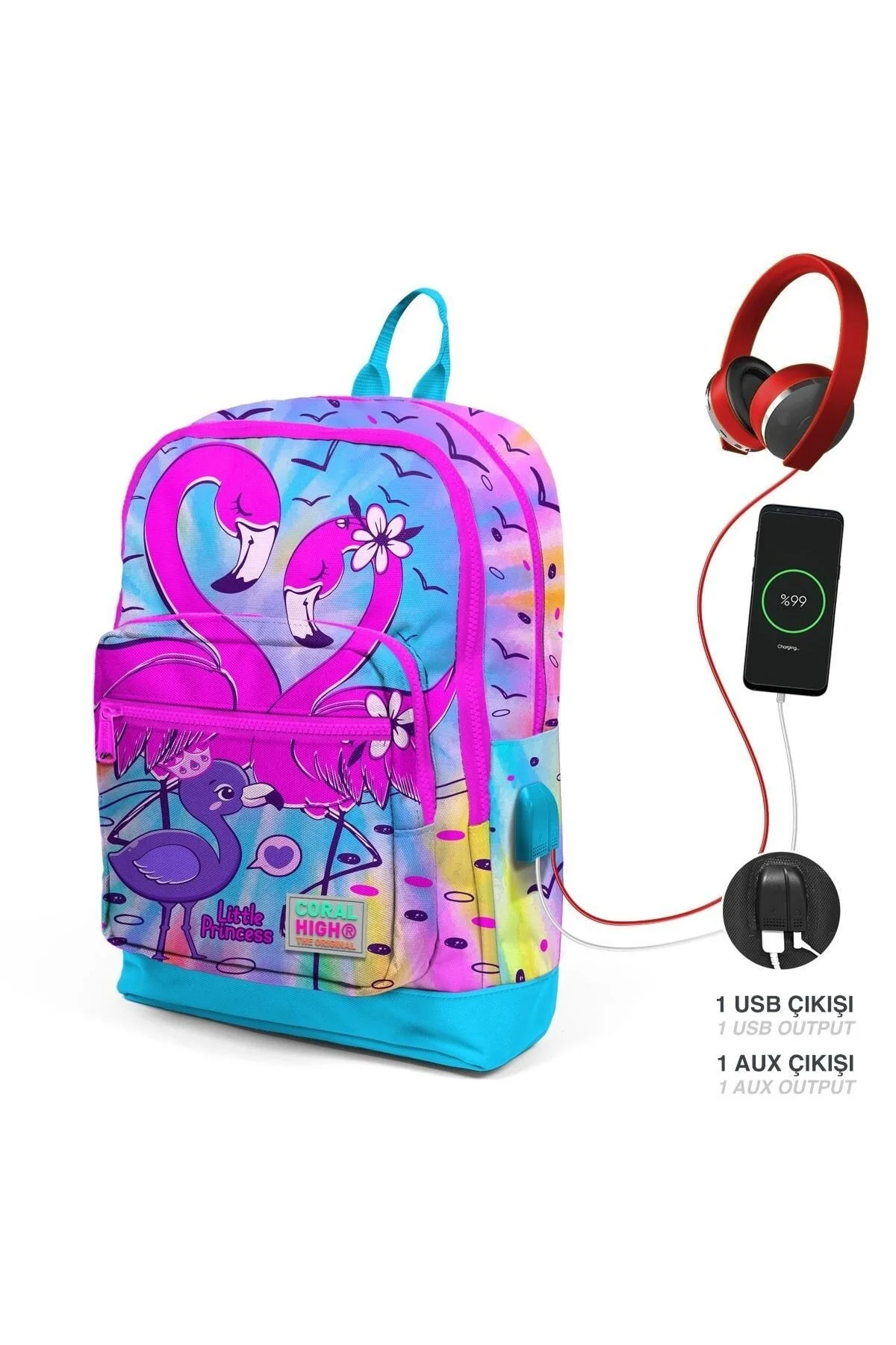 کیف مدرسه کوله پشتی بچه گانه صورتی فلامینگو چهار محفظه USB 23830 Coral High