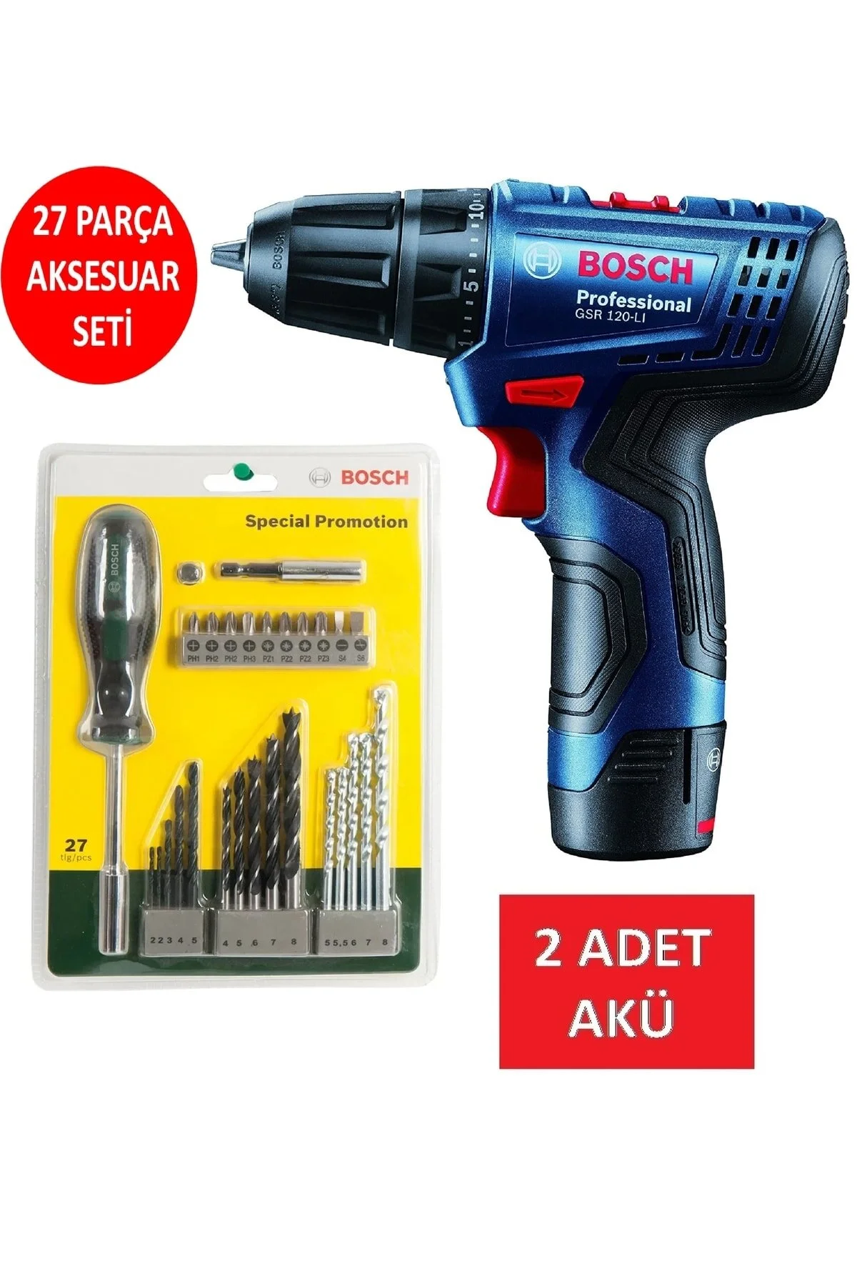 پیچ گوشتی شارژی دریل دوبل بدون ضربه + مته 27 تکه بوش Bosch
