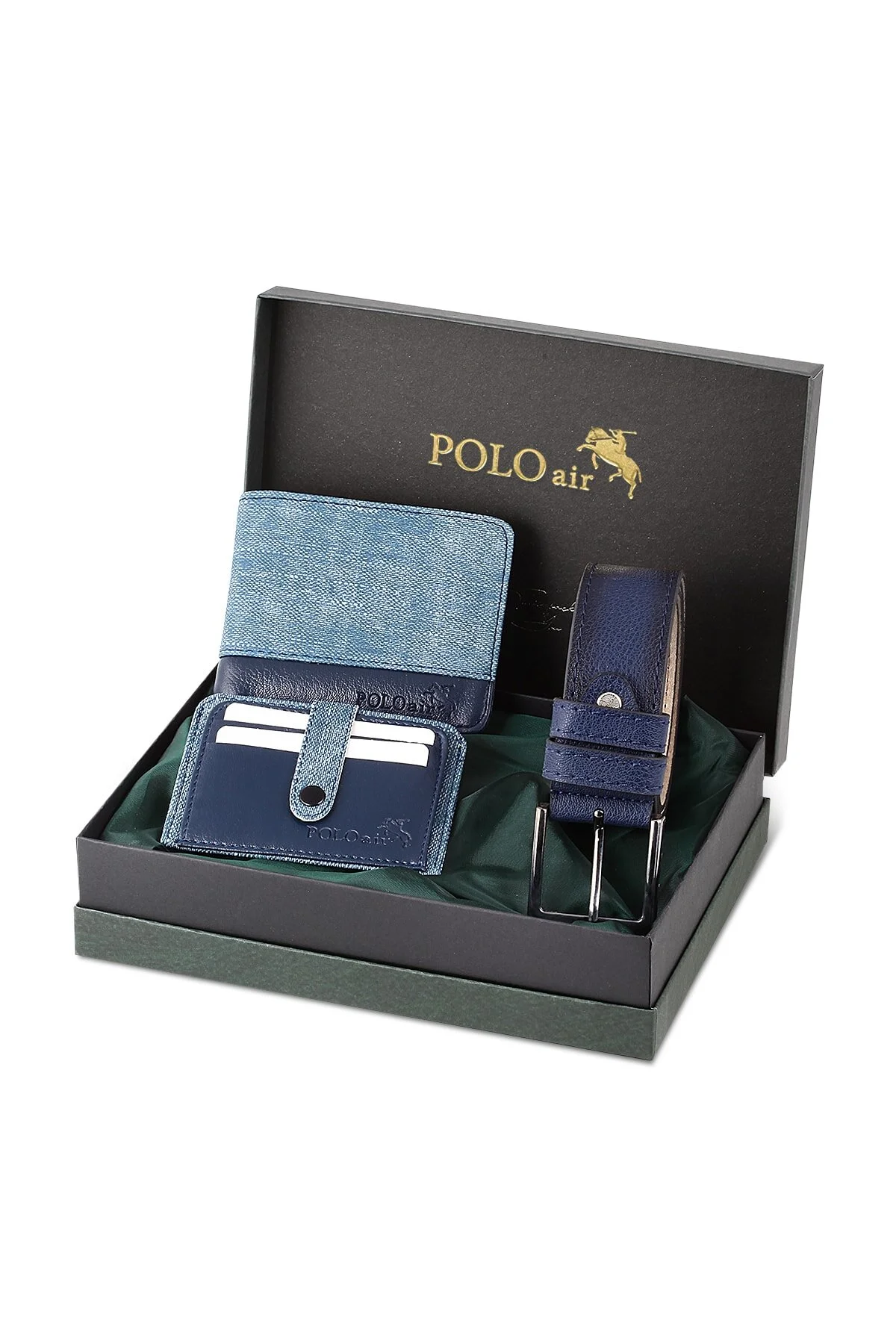 ست لوازم جانبی مردانه کارت کمربند کیف پول آبی دریایی ورزشی polo air