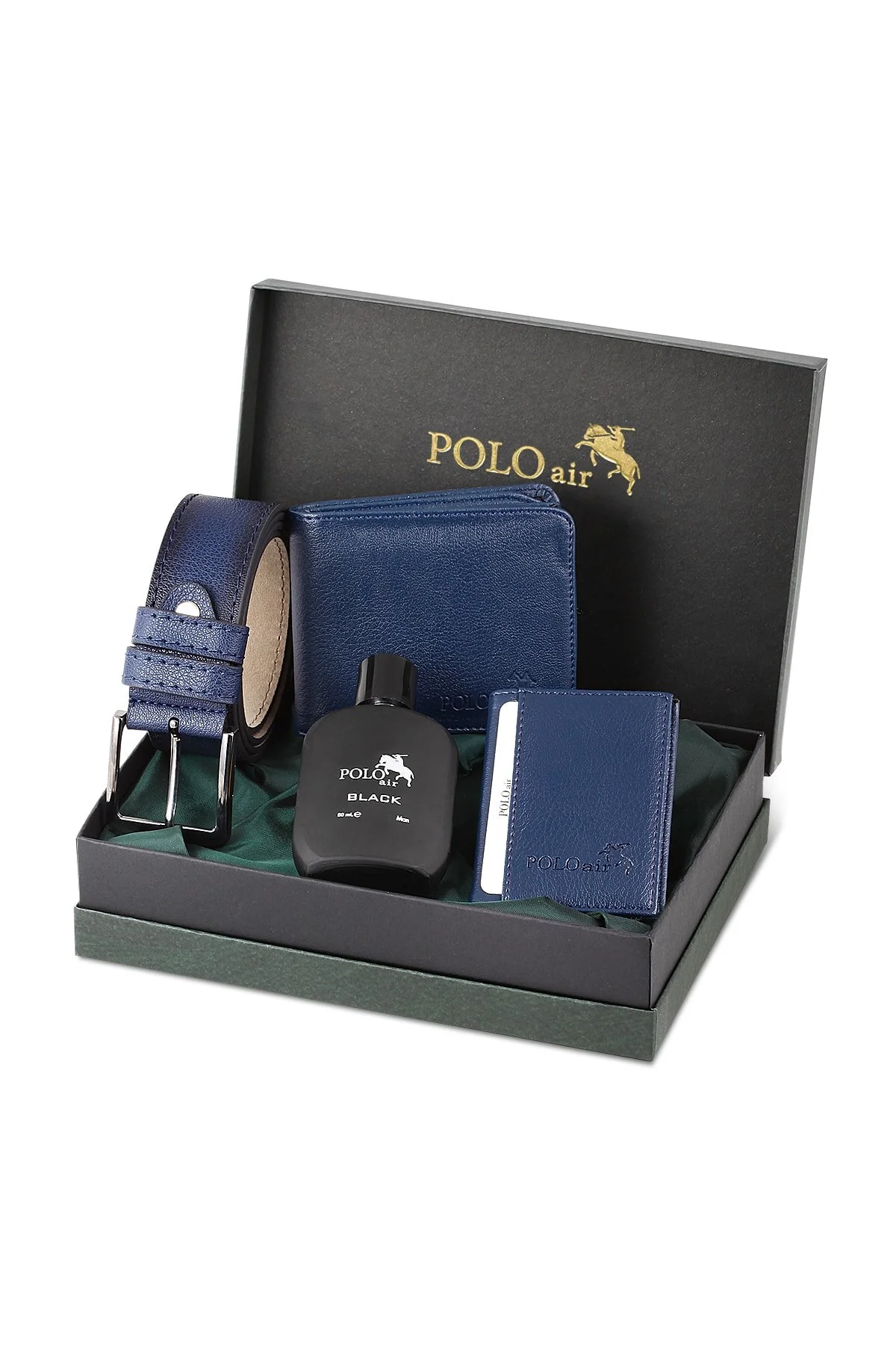 Polo Air ست کلاسیک مردانه لاجوردی – کیف پول + کمربند + جا کارتی + عطر با جعبه شیک                                                             Kutulu Klasik Erkek Cüzdan Kemer Kartlık Parfüm Seti Lacivert