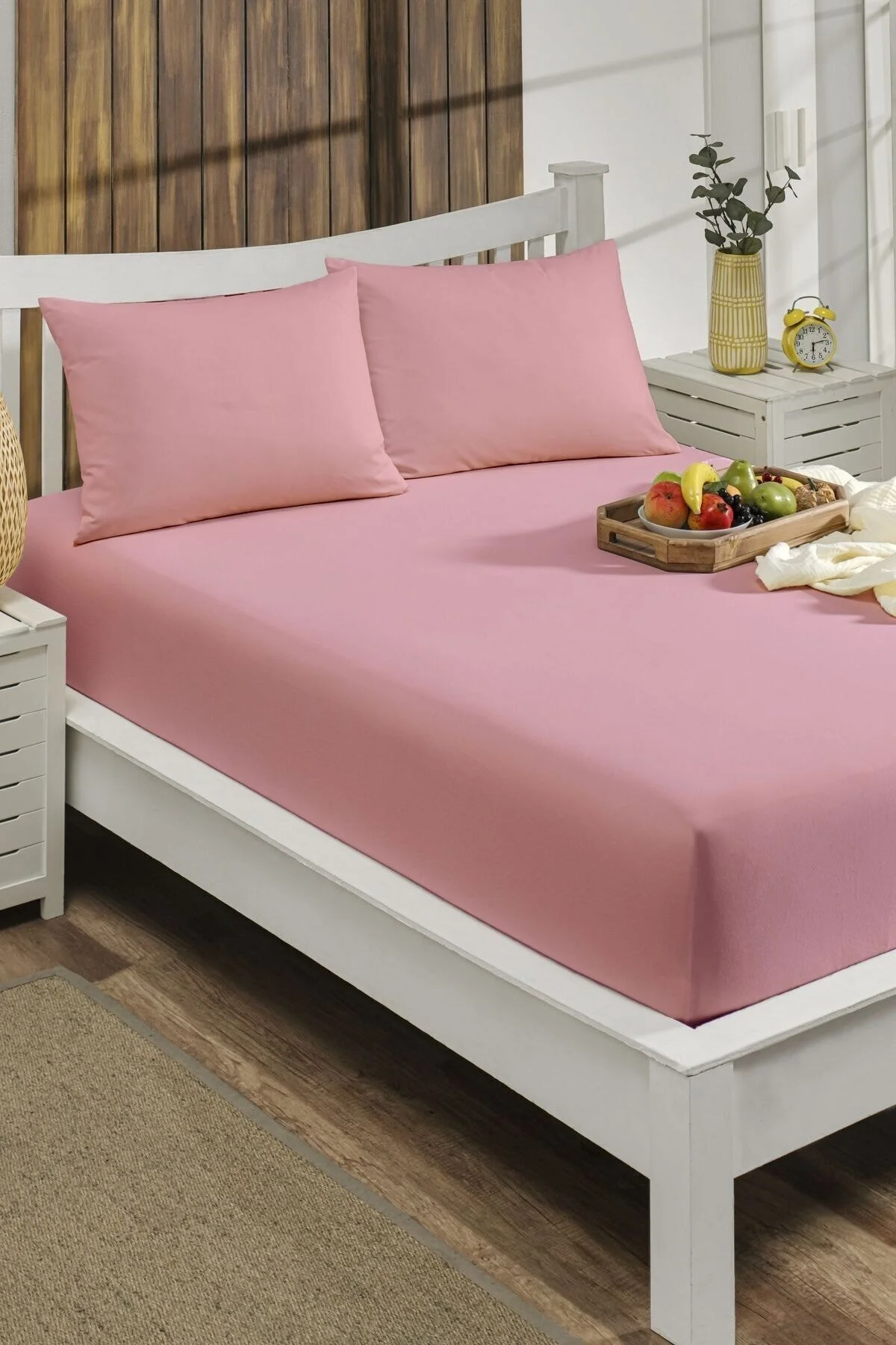 ست ملحفه یک نفره پارچه نخی پنبه لاستیکی 140X200 مورد بالش 30 سانتی متر لبه دو رنگ صورتی LIV CALISTA