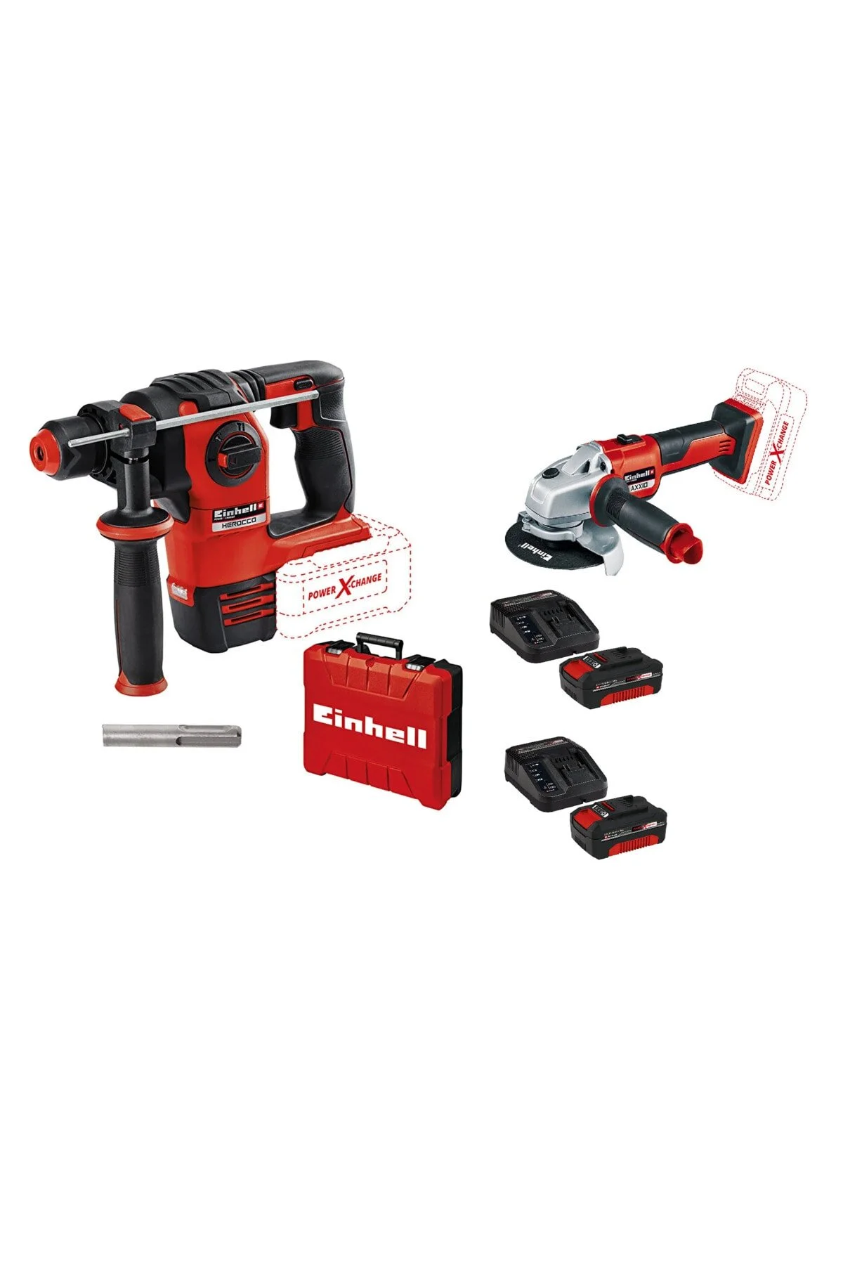 مته چکش پنوماتیک بدون برس هروکو + دستگاه سنگ زنی AXXIO 2X4 AH باتری 2X پر کردن آینهل Einhell