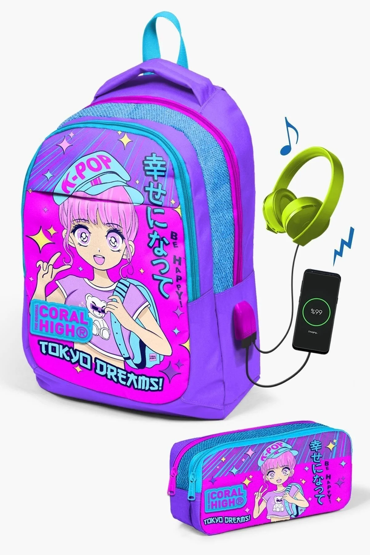 کیف مدرسه ست بچه گانه بنفش صورتی آبی پر زرق و برق K POP با طرح USB 2 تکه GOSET0224316 Coral High