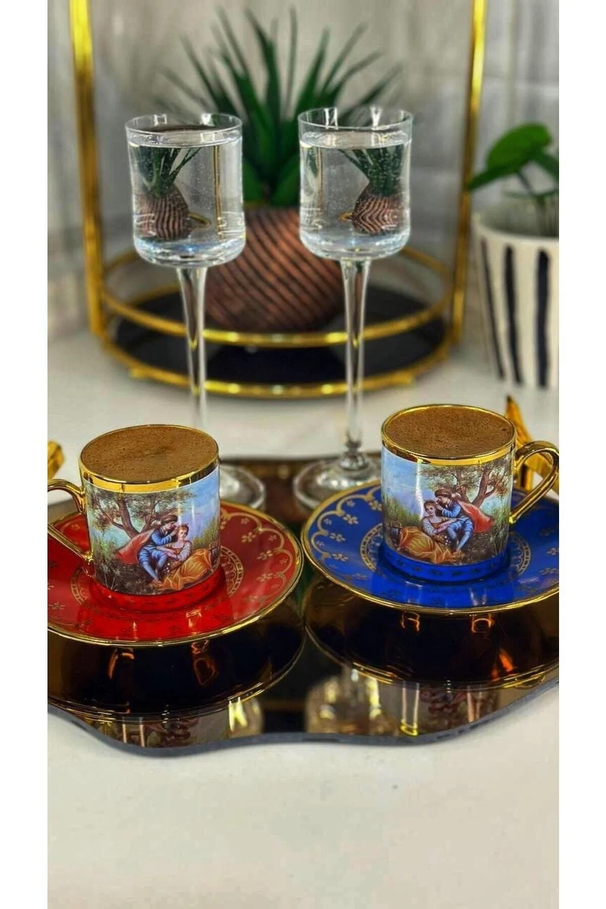 فنجان قهوه چند رنگ ست 6 نفره طلایی رنگارنگ فیگور باروک اجار ACAR