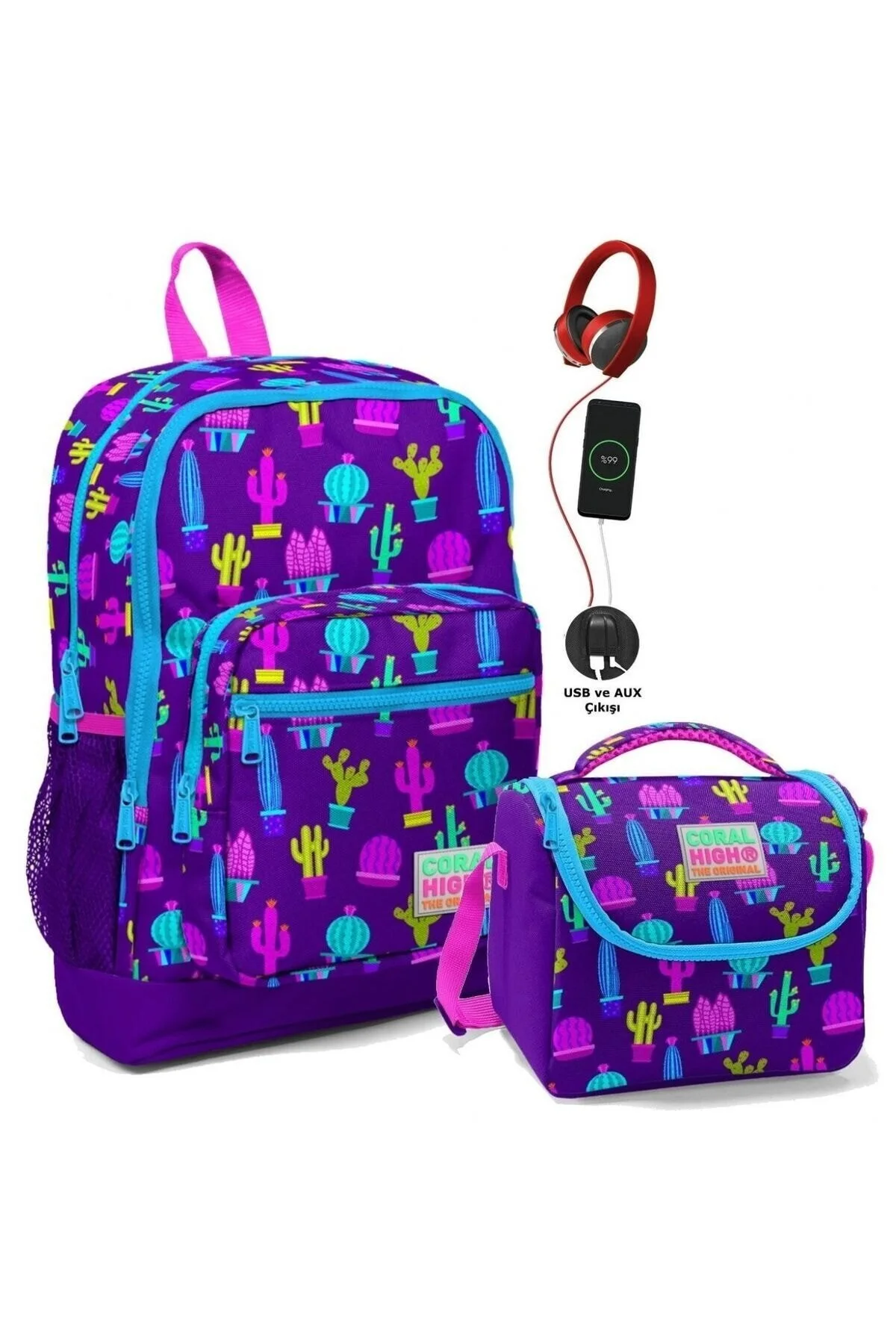 کیف مدرسه ست چاپی و جعبه نهار کاکتوس بنفش دخترانه دارای سوکت USB Coral High