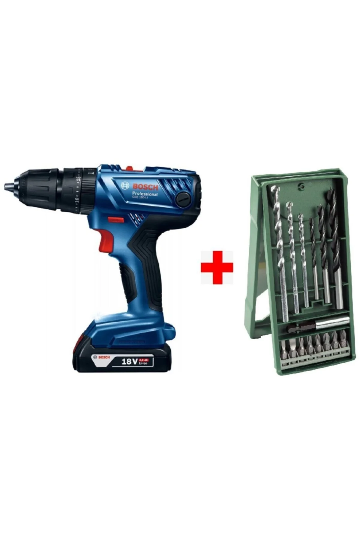 دریل شارژی پیچ گوشتی ضربه ای GSB 180 LI 18V 2AH + مجموعه مته و 15 تکه بوش Bosch